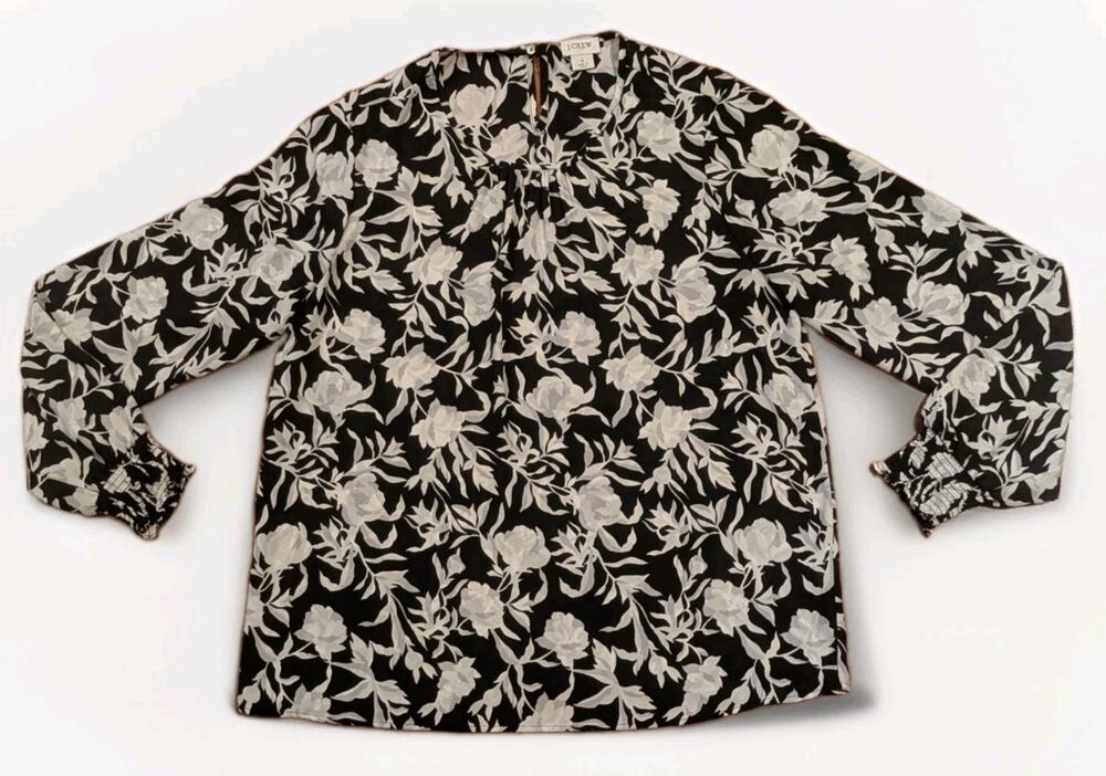 J.Crew Womens Small Black White Floral Blouse Smocked Cuff Long Sleeve Top S
